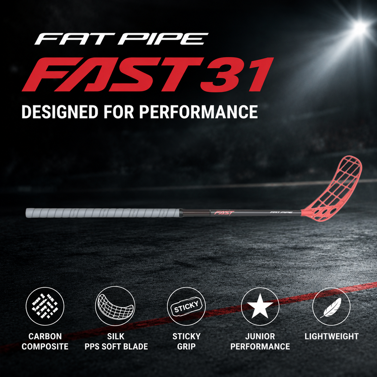 Fat Pipe | FAST31 Floorballschläger Junior – Flex 31 – SILK Blade – Almost Red