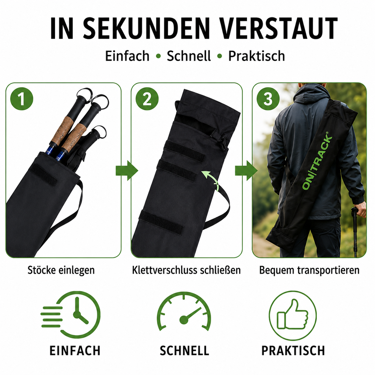 ON|TRACK Stocktasche für Nordic Walking-, Wander- & Trekkingstöcke bis 125 cm
