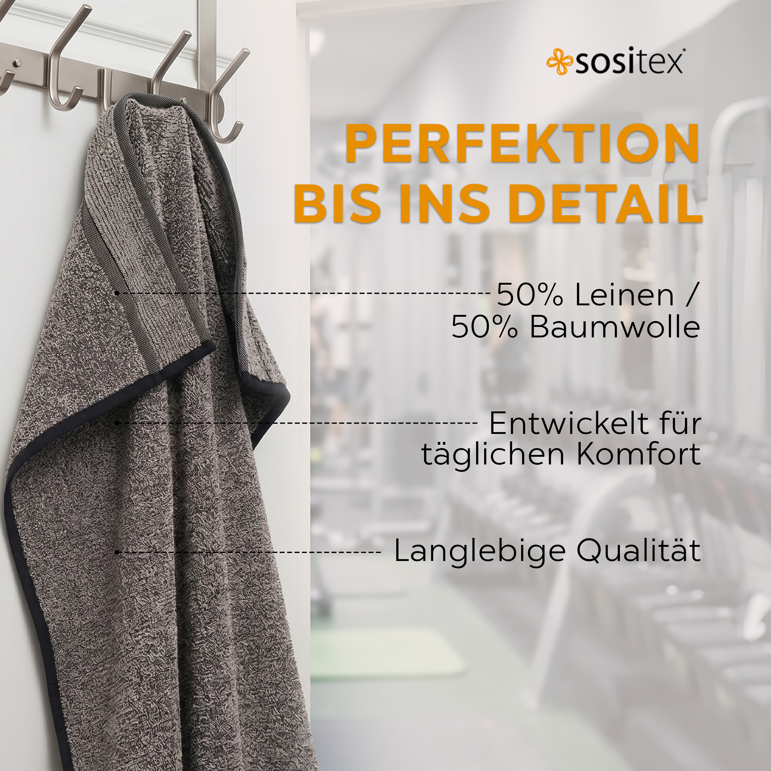 sositex | Sauna Line Saunahandtuch 70 x 140 cm – Leinen & Baumwolle – Black/Natural