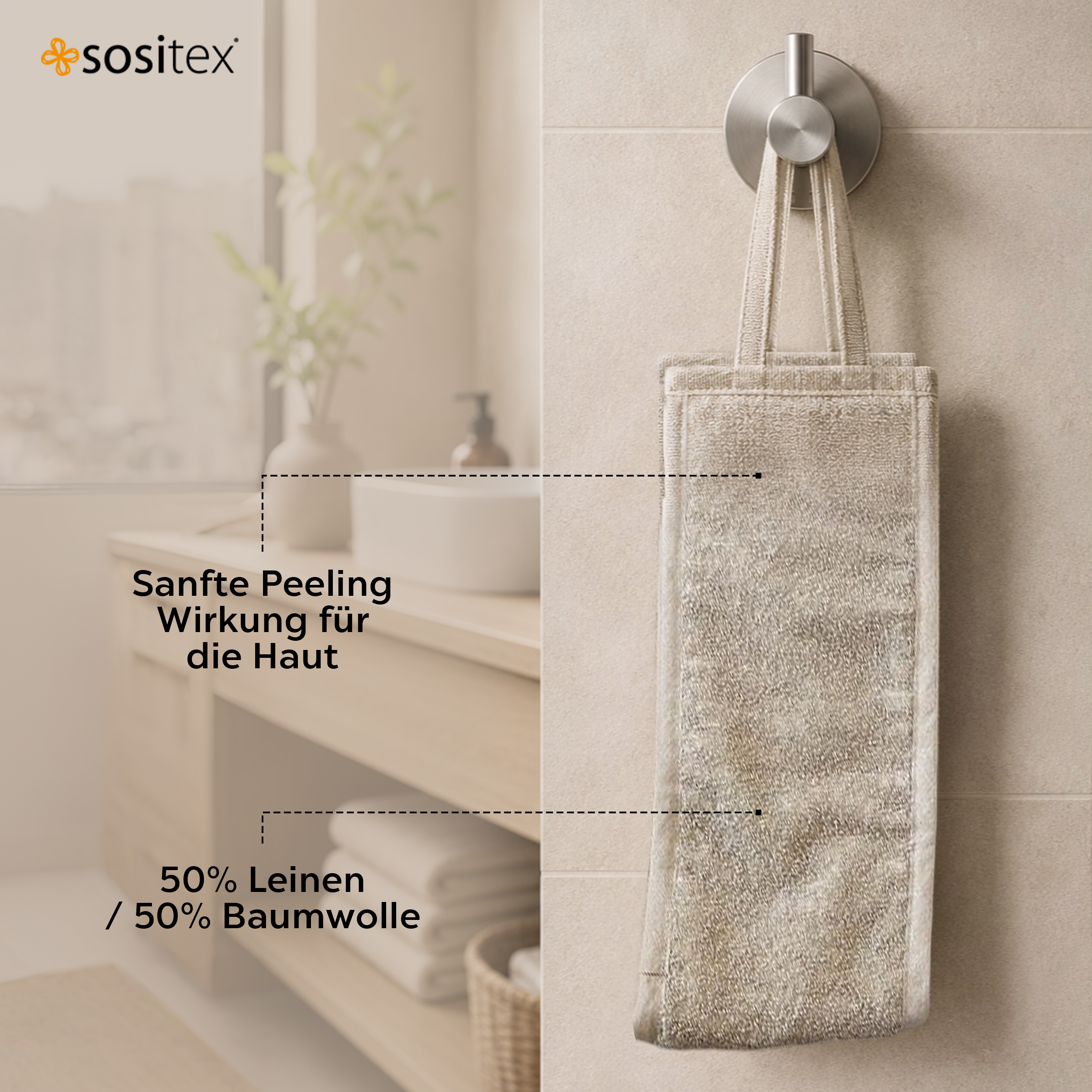 sositex | Rückenwaschband Back Washer 15 × 70 cm – Leinen & Baumwolle Natural