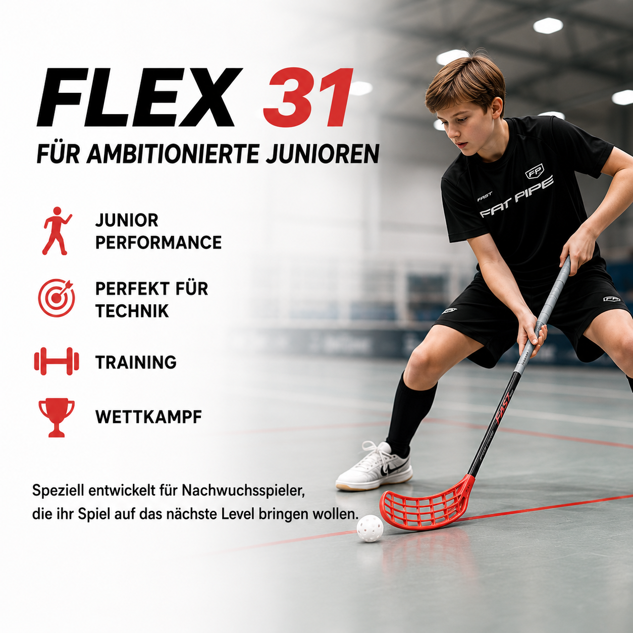 Fat Pipe | FAST31 Floorballschläger Junior – Flex 31 – SILK Blade – Almost Red