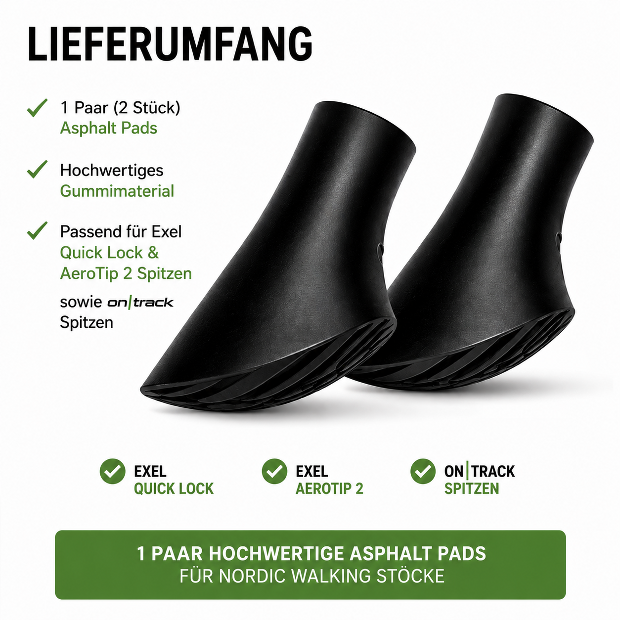 ON|TRACK Asphalt Pads für Nordic Walking Stöcke – passend für Exel Quick Lock & AeroTip2 – 2 Stück