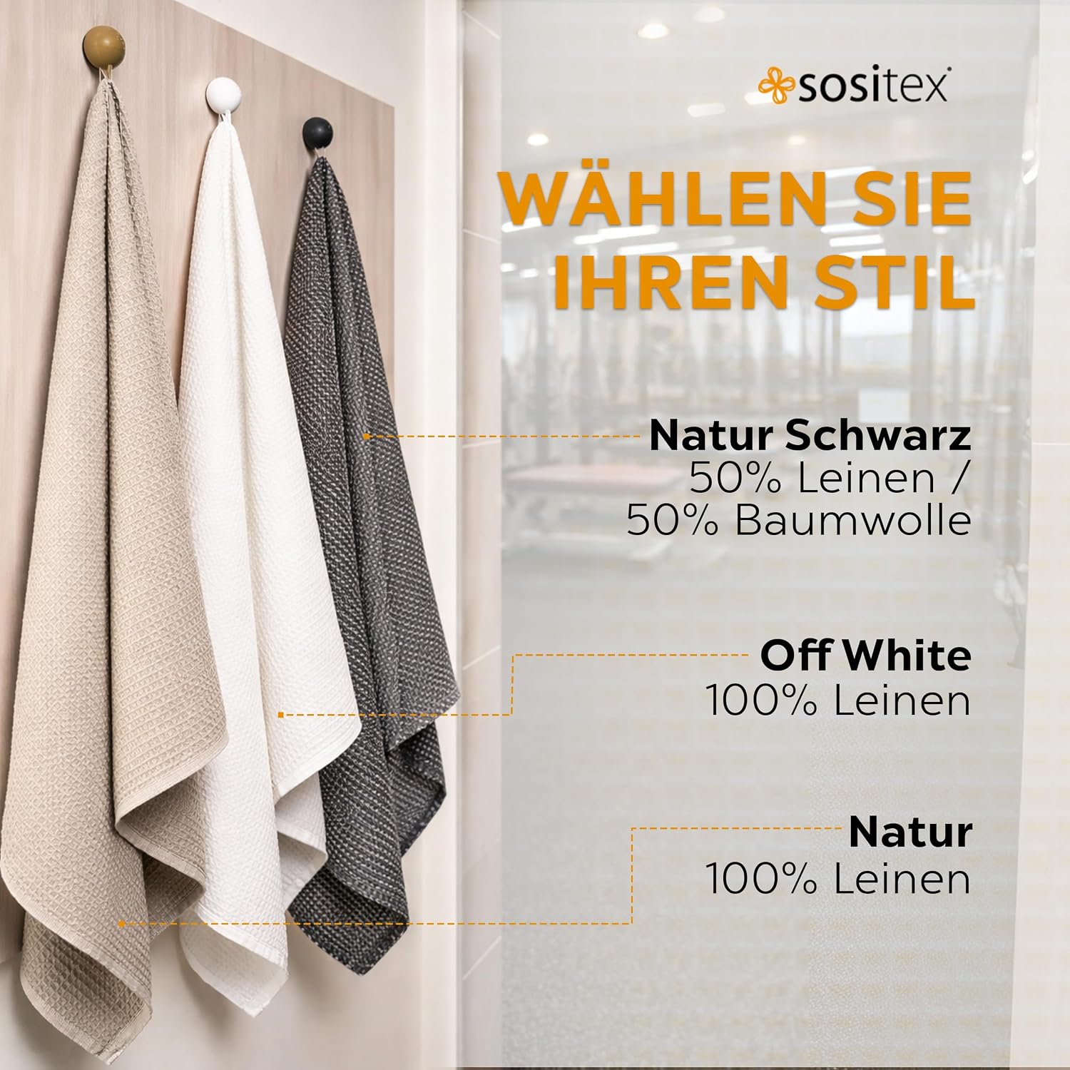 sositex | Sports Line Leinenhandtuch Off White – Sport- & Saunahandtuch in Waffelstruktur